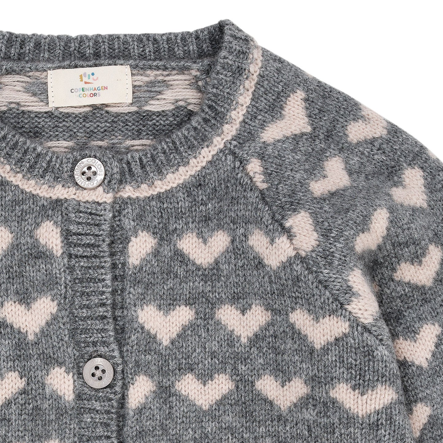 Cashmere Cardigan w. hearts, Grey melange/taupe combi