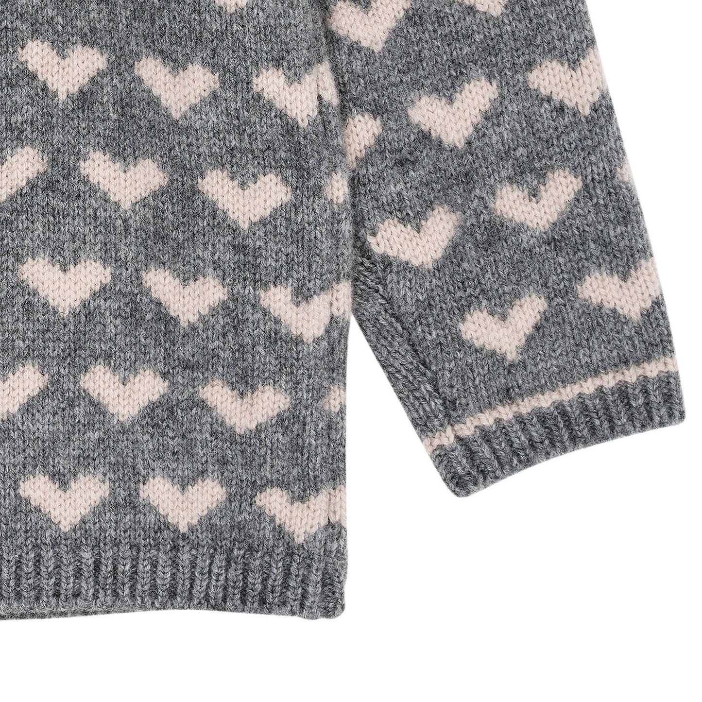 Cashmere Cardigan w. hearts, Grey melange/taupe combi