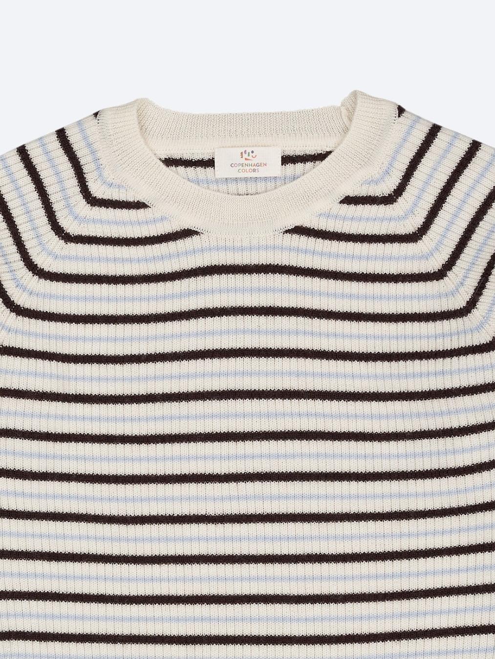 Merino Classic Pointelle Rib Blouse, Cream / Brown / Dusty Blue