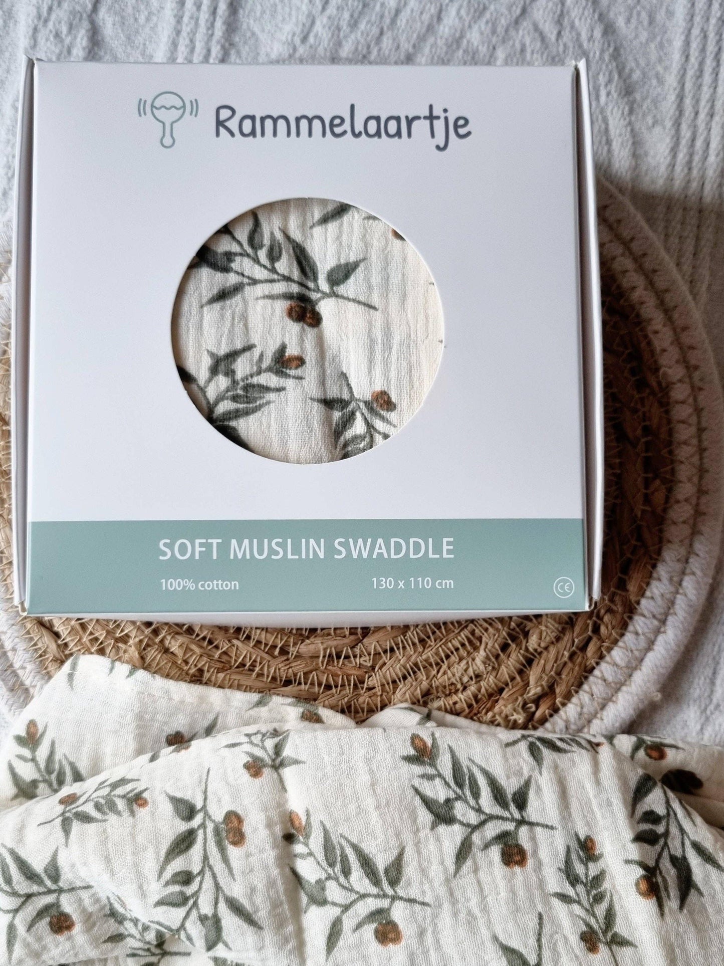 Muslin Swaddle, Beige with floral print, 130x110cm