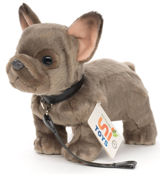 French Bulldog Plush, Gray, With Leash & Collar, 26 cm, Super Soft & Recycled Filling