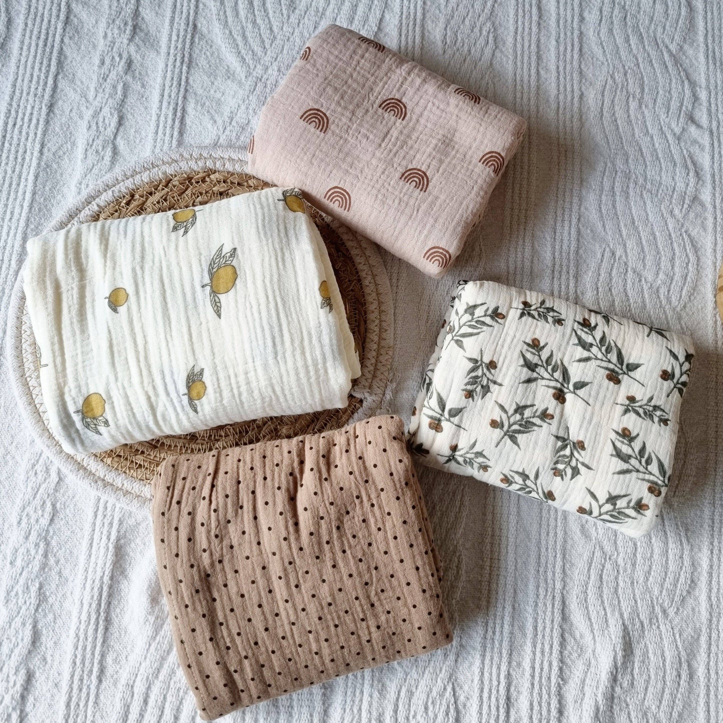 Muslin Swaddle, Beige with floral print, 130x110cm