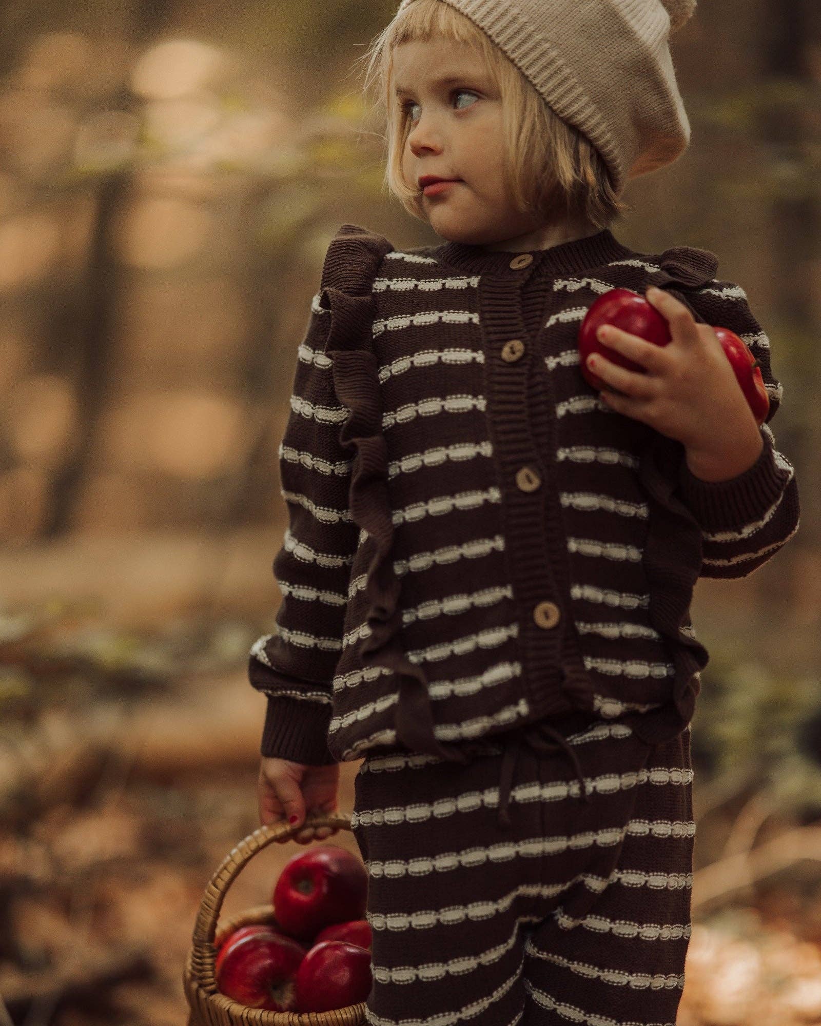 Alba Striped Frill Cardigan, Brown, 100% Organic Cotton
