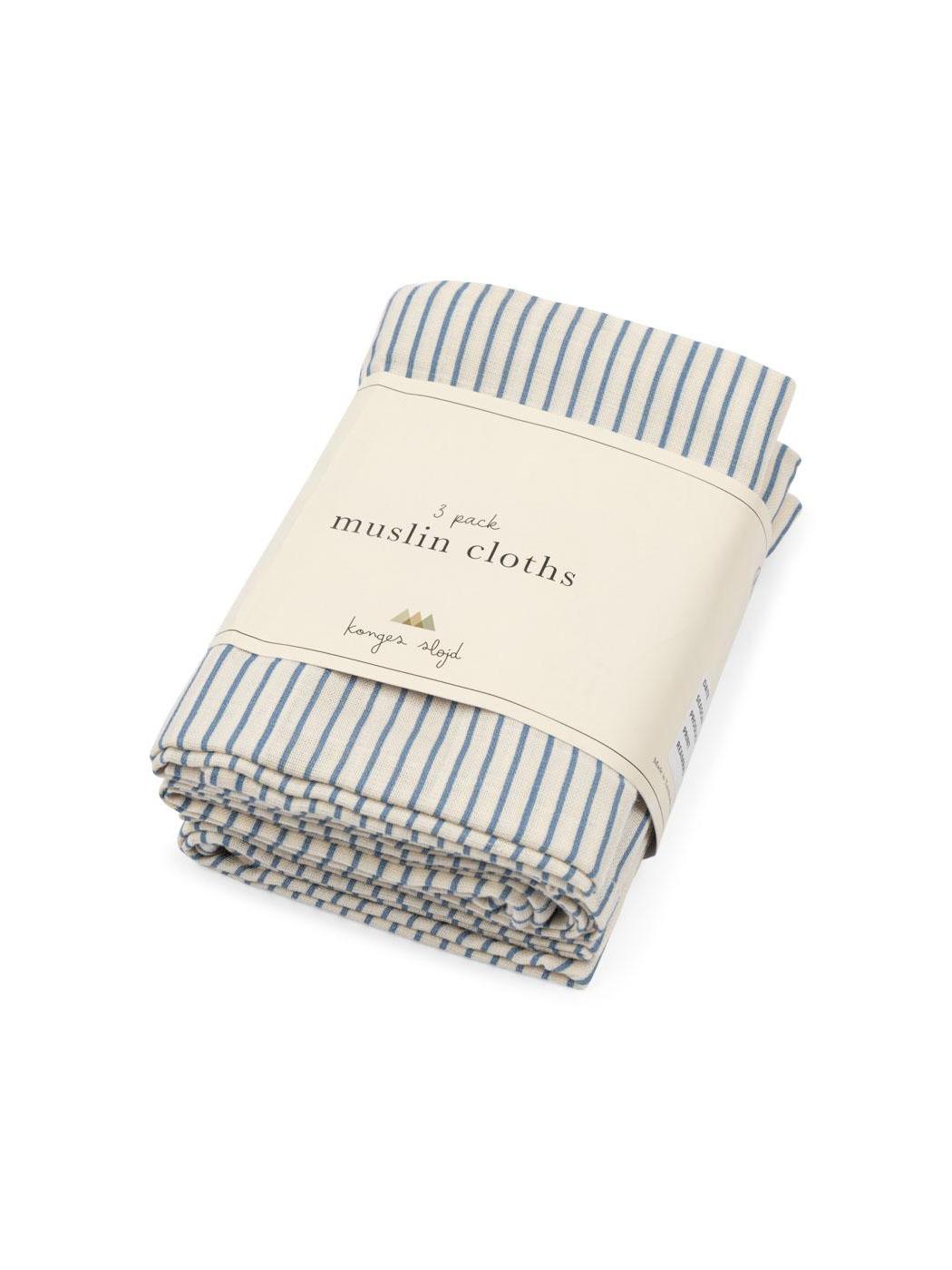 3 Pack Muslin Cloths - Stripe Blue