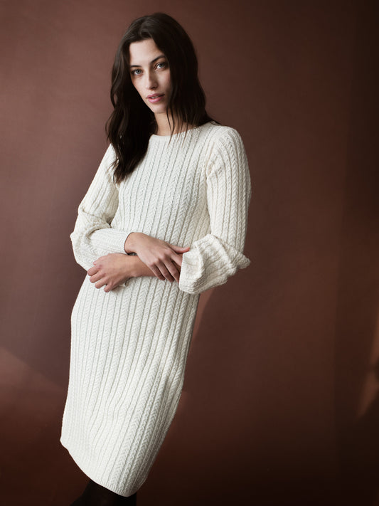 Organic Cotton Cableknitted Dress, Womens. Creme. 100% Organic Cotton