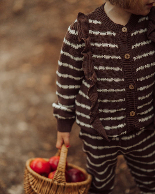 Alba Striped Frill Cardigan, Brown, 100% Organic Cotton