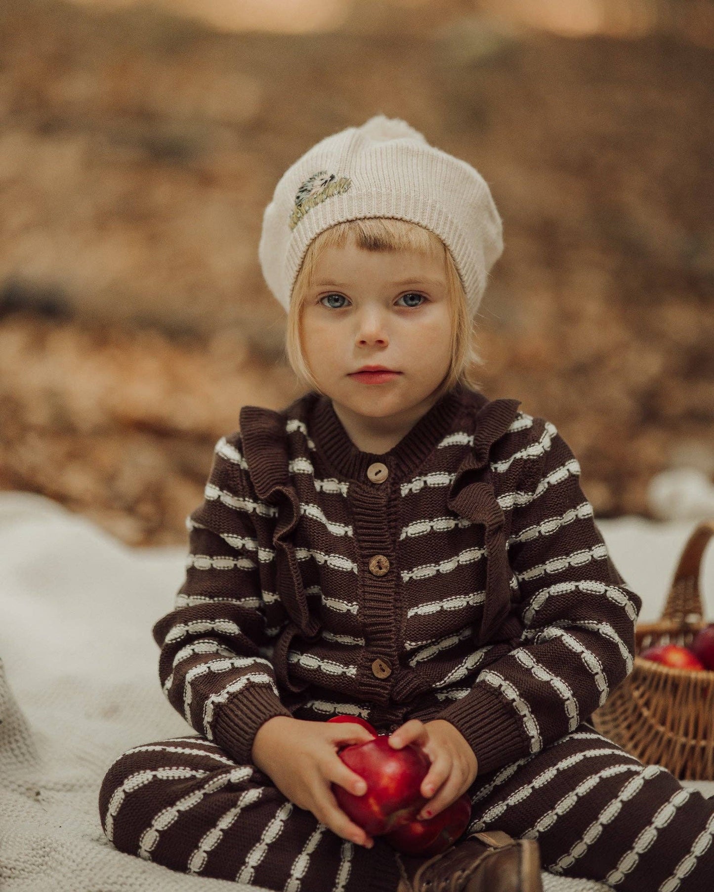 Alba Striped Frill Cardigan, Brown, 100% Organic Cotton