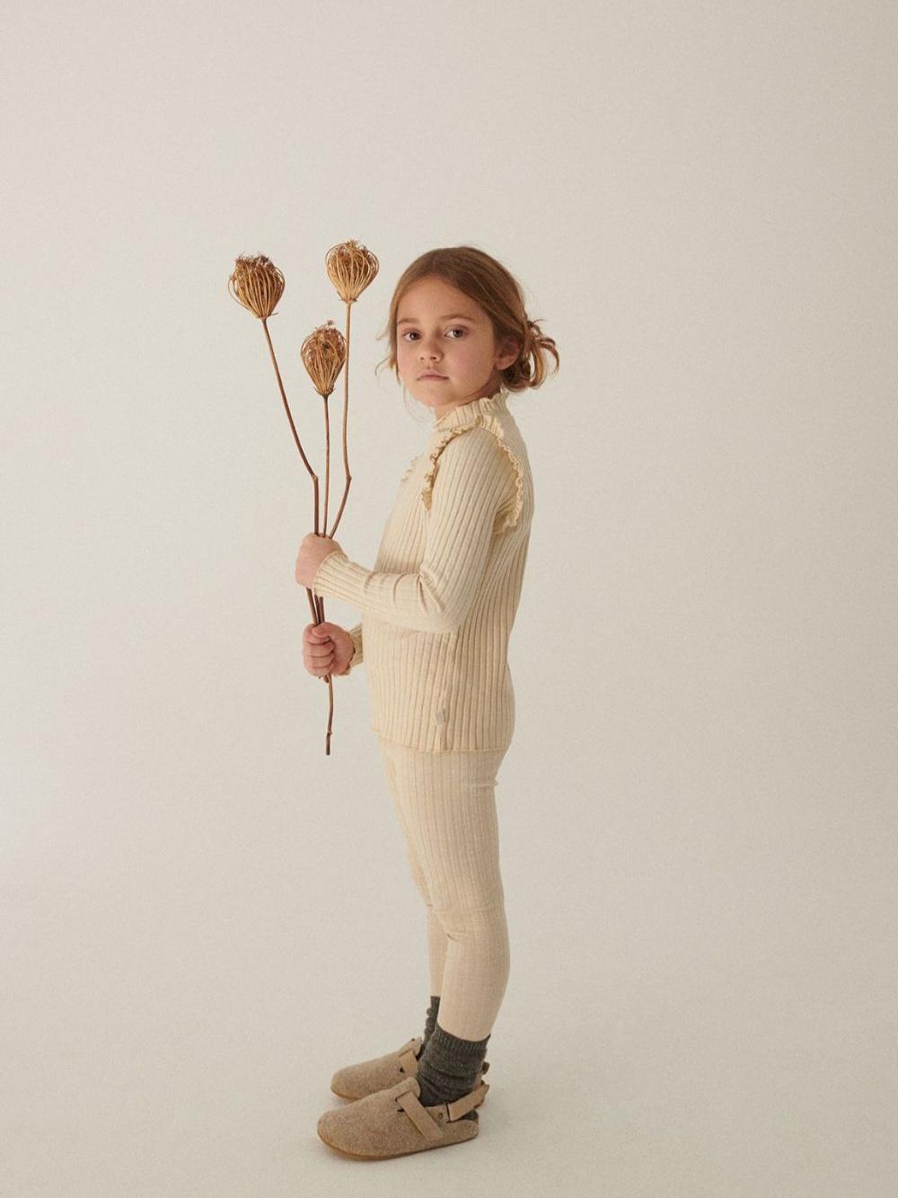 Elise Girls Ribbed Ruffle T-Shirt, Stone