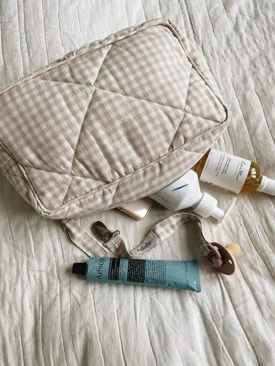 Lalaby, Toiletry Bag, Beige Gingham, Organic