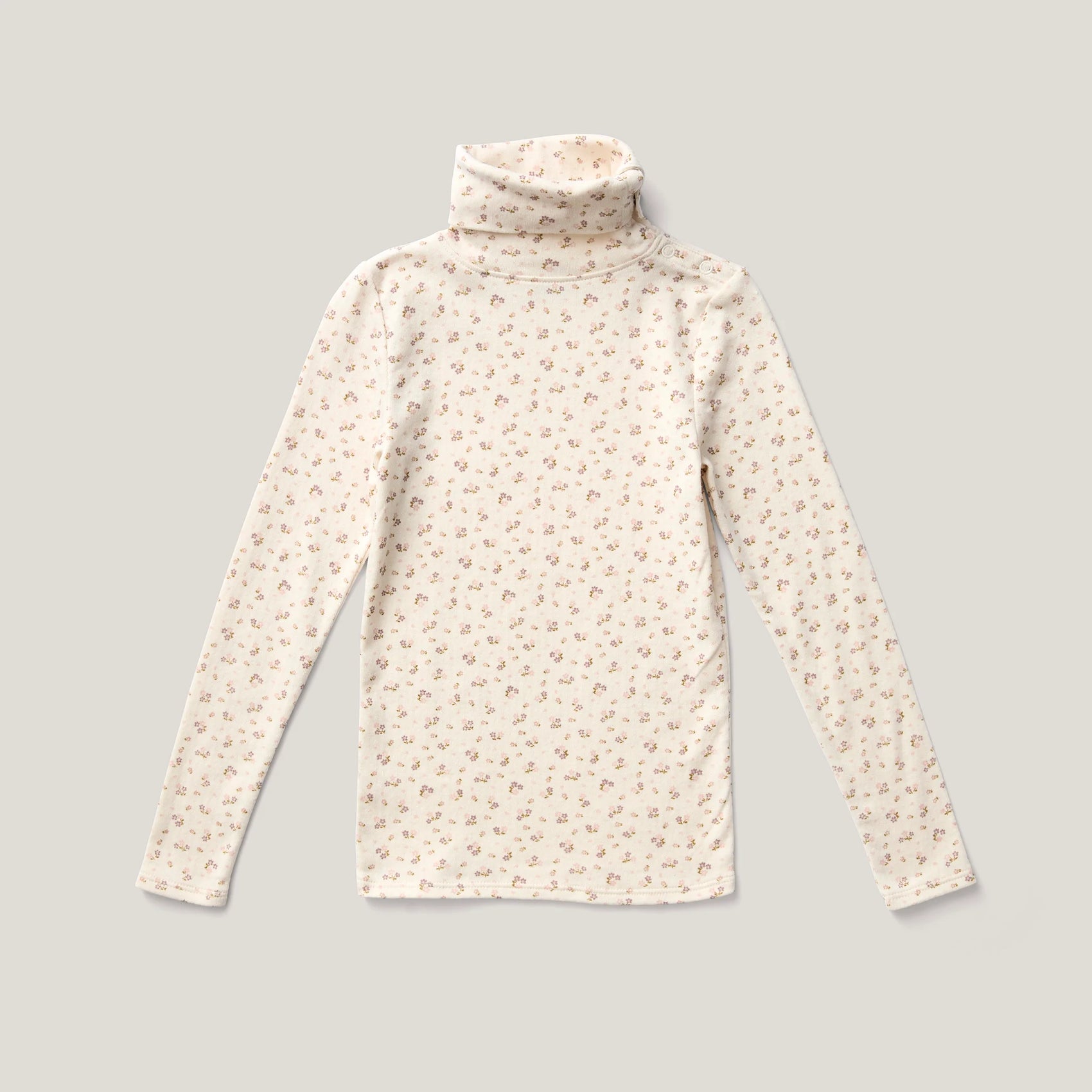 Snap Turtleneck, Calico Print, Rosewood. 100% Organic Pima Cotton