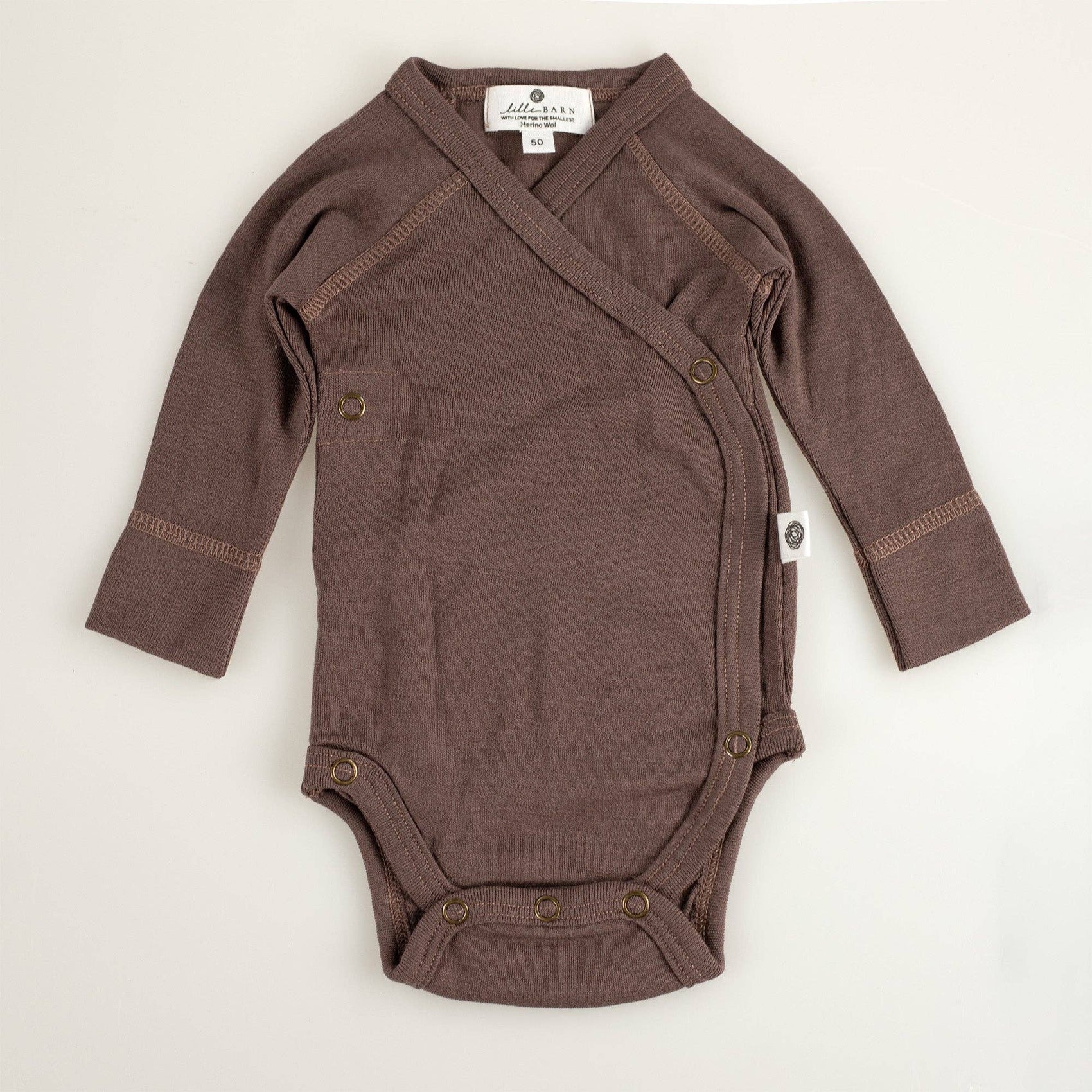 Merino Wool Baby Wrap Bodysuit, Long Sleeve, Peppercorn