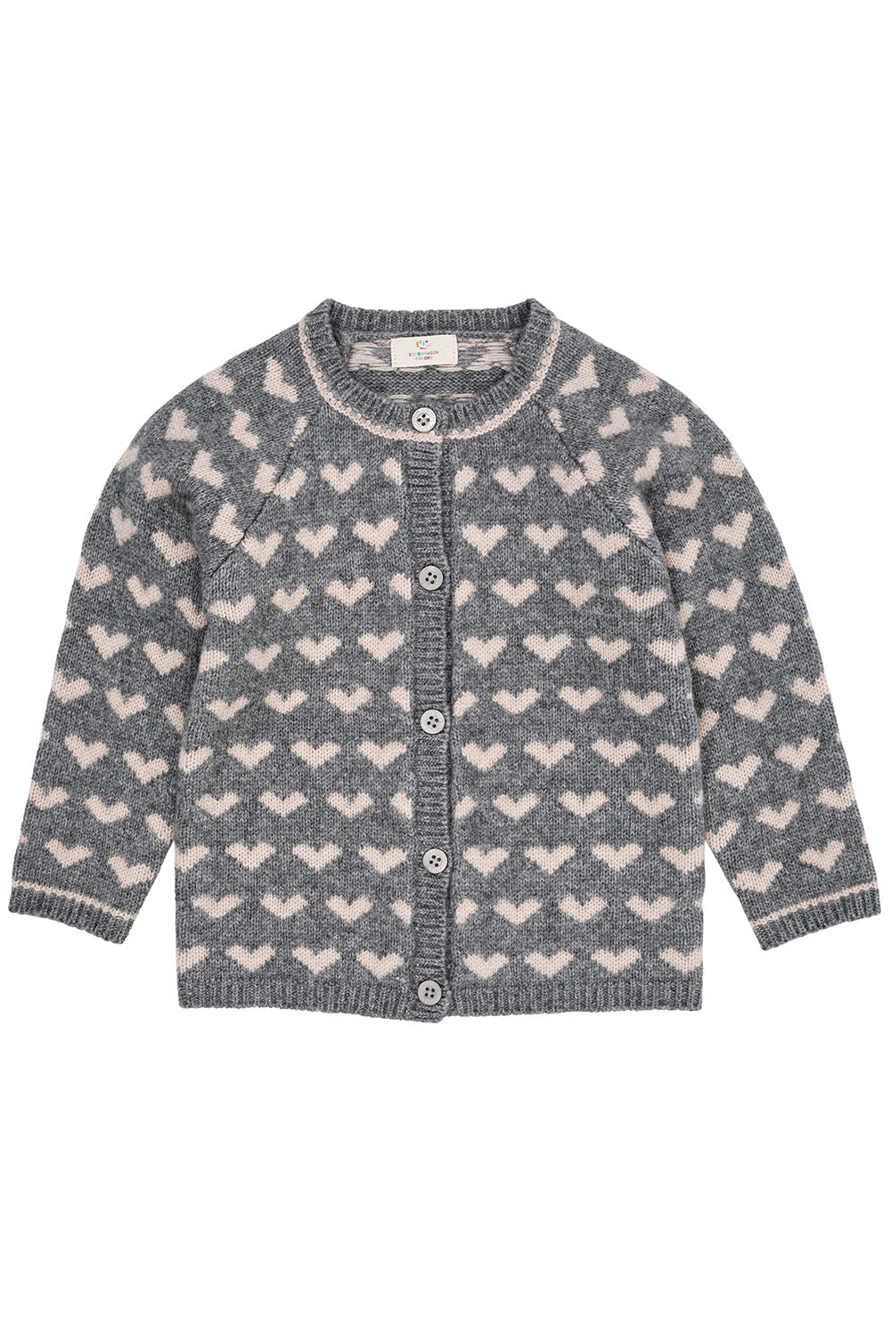 Cashmere Cardigan w. hearts, Grey melange/taupe combi