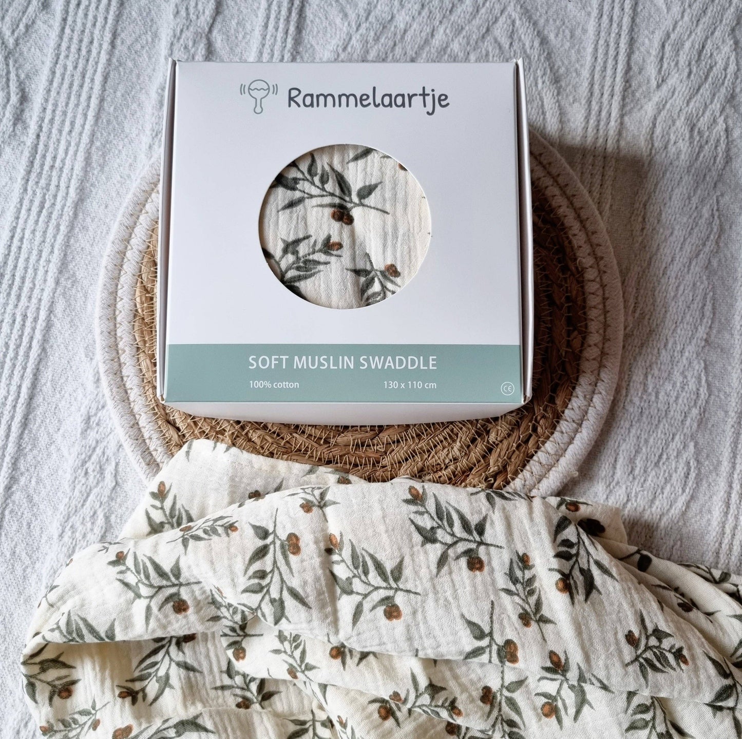 Muslin Swaddle, Beige with floral print, 130x110cm