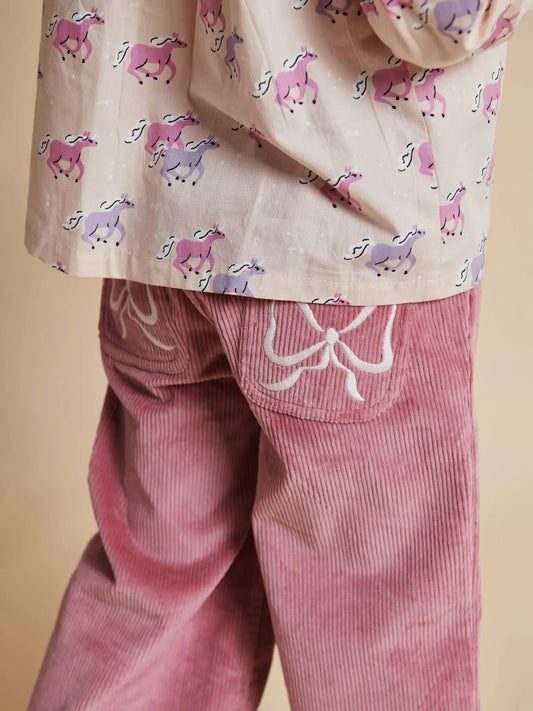 Corduroy Pants with Wide Leg & Embroidery, Rose