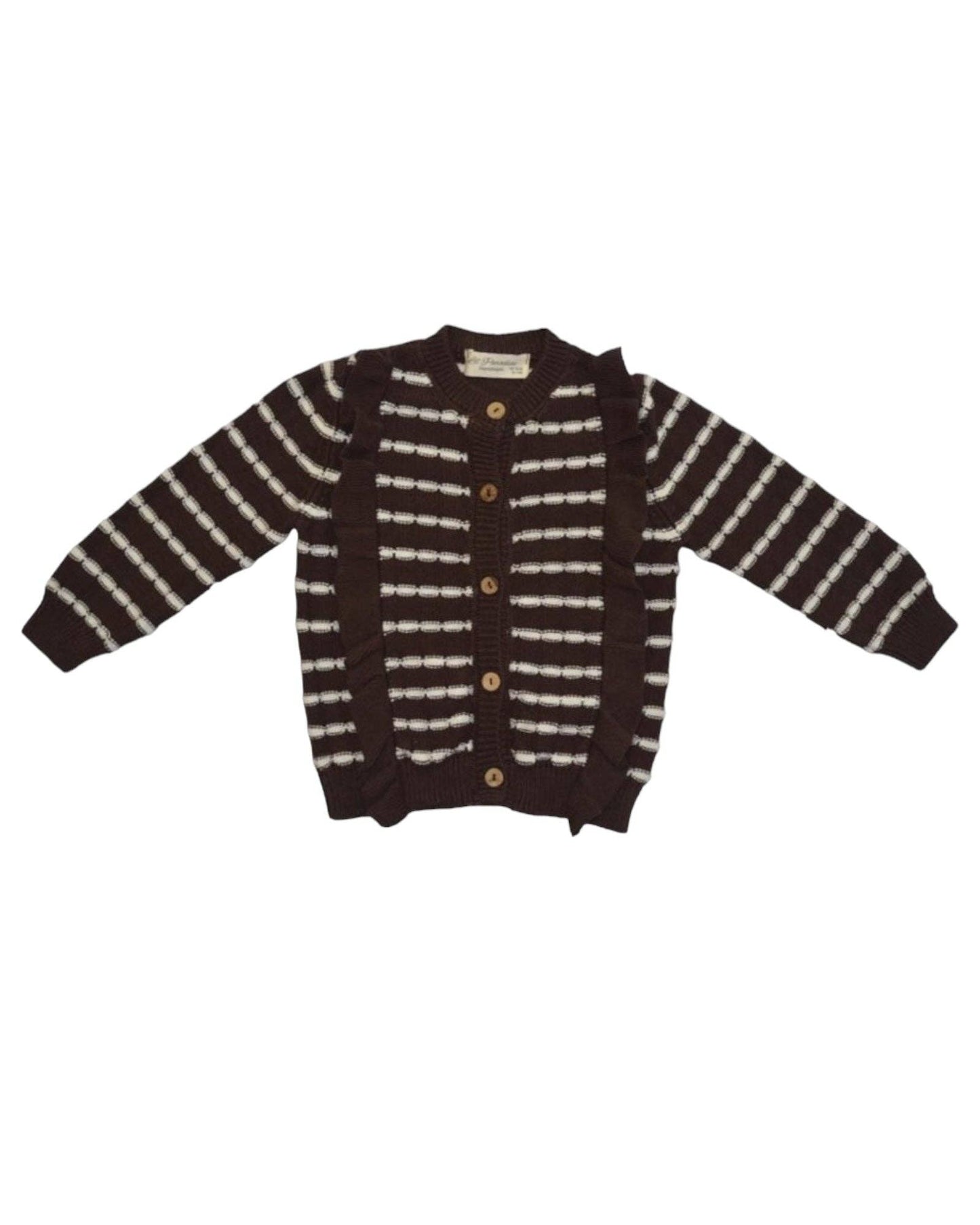 Alba Striped Frill Cardigan, Brown, 100% Organic Cotton
