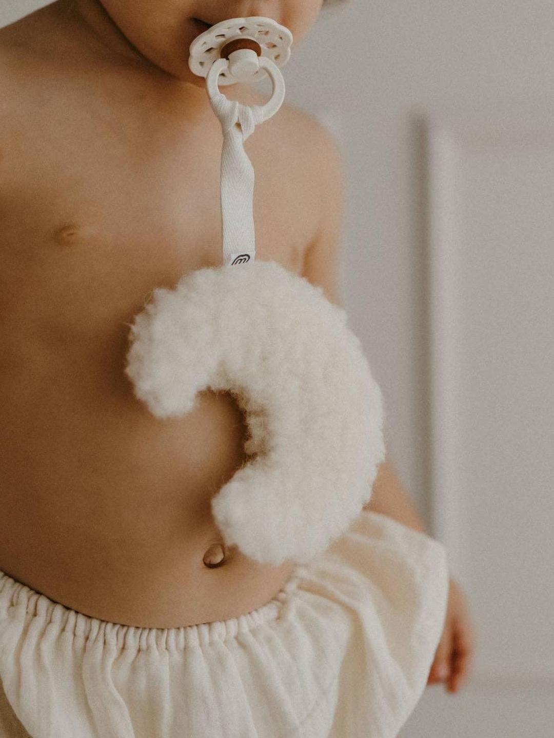 Pacifier Holder, Moon, Creme, 100% Natural Wool
