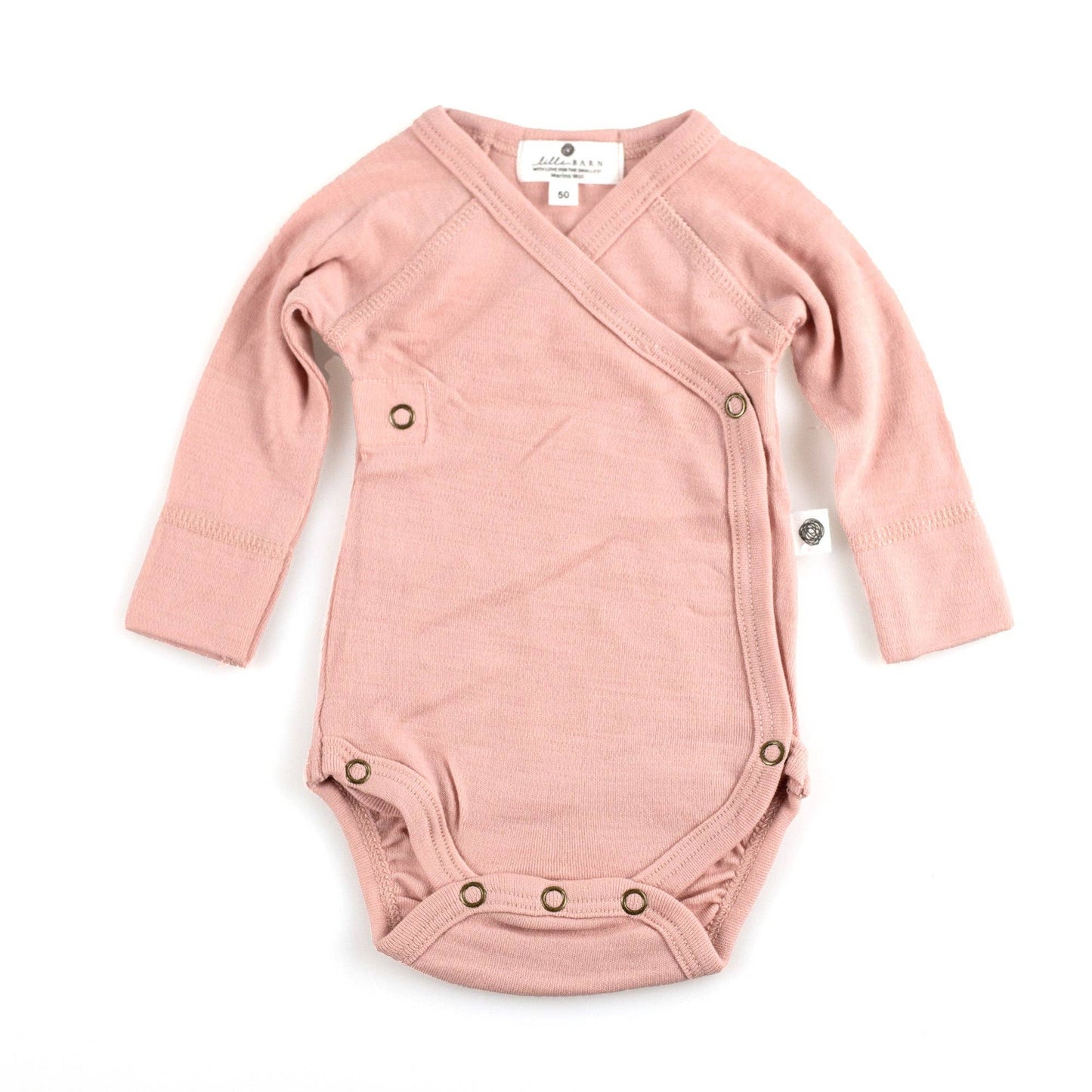 Merino Wool Baby Wrap Bodysuit, Long Sleeve, Misty Rose