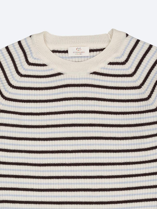 Merino Classic Pointelle Rib Blouse, Cream / Brown / Dusty Blue