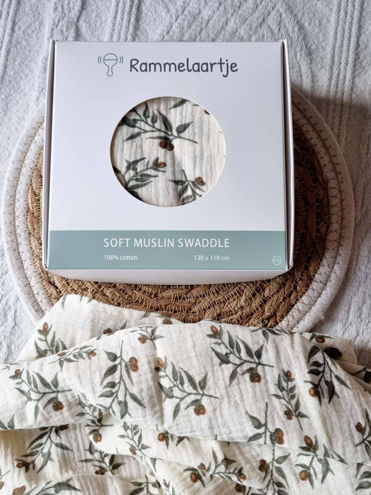 Muslin Swaddle, Beige with floral print, 130x110cm