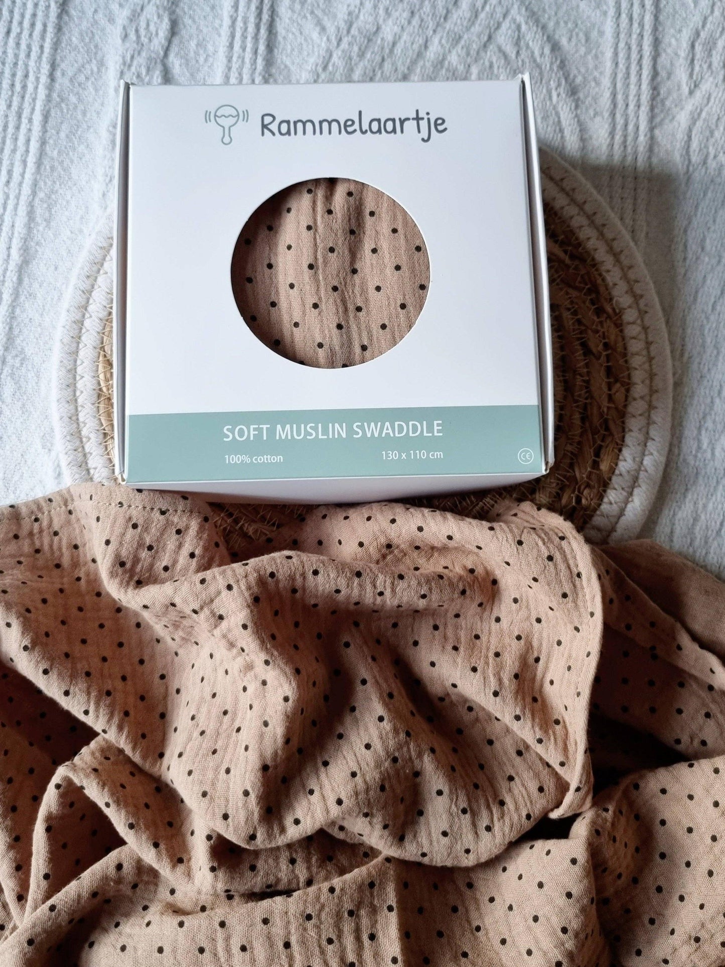 Muslin Swaddle, Soft brown with dots, 130x110cm