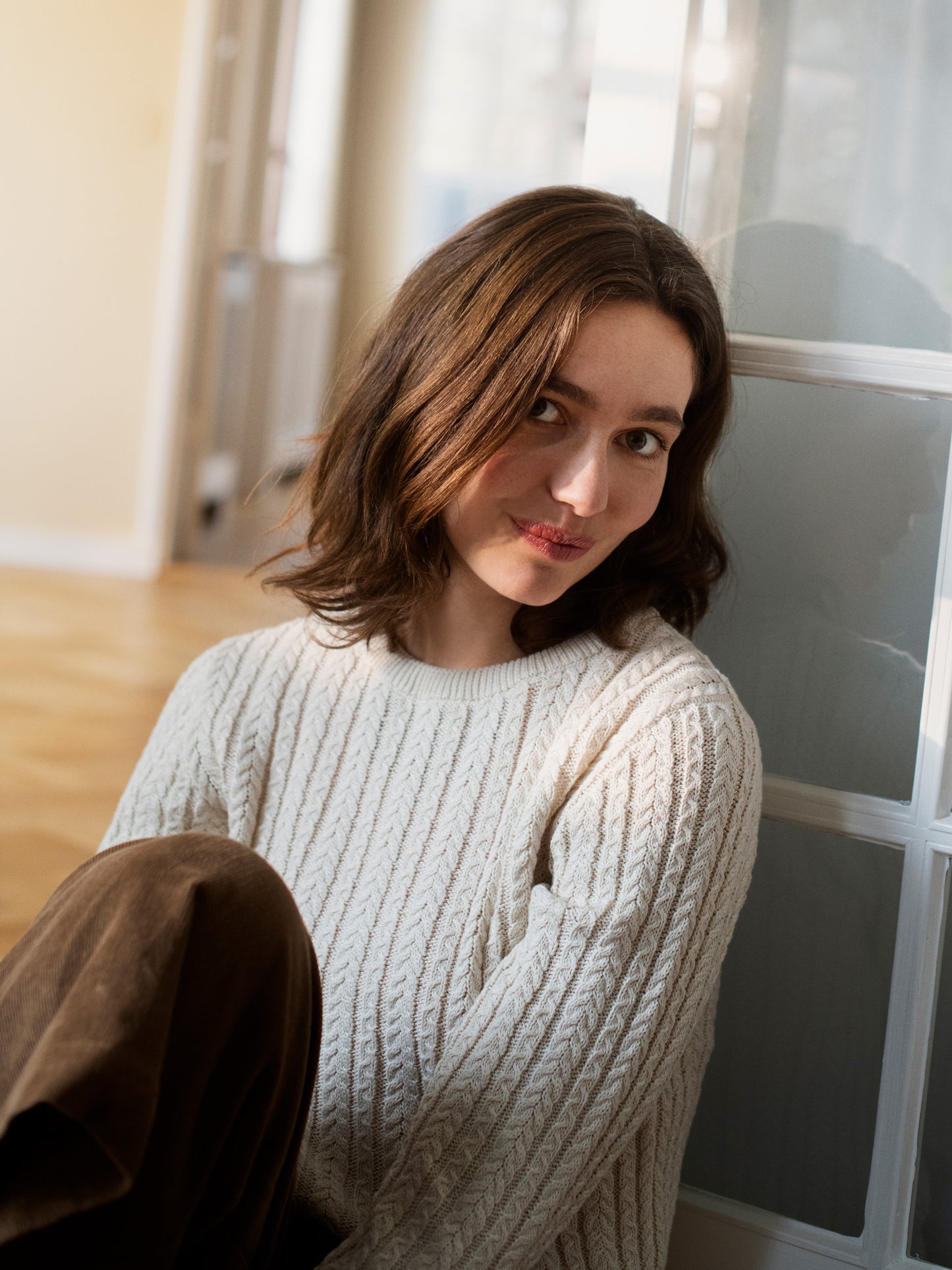 Organic Cotton Cable Knit Sweater, Women, Creme