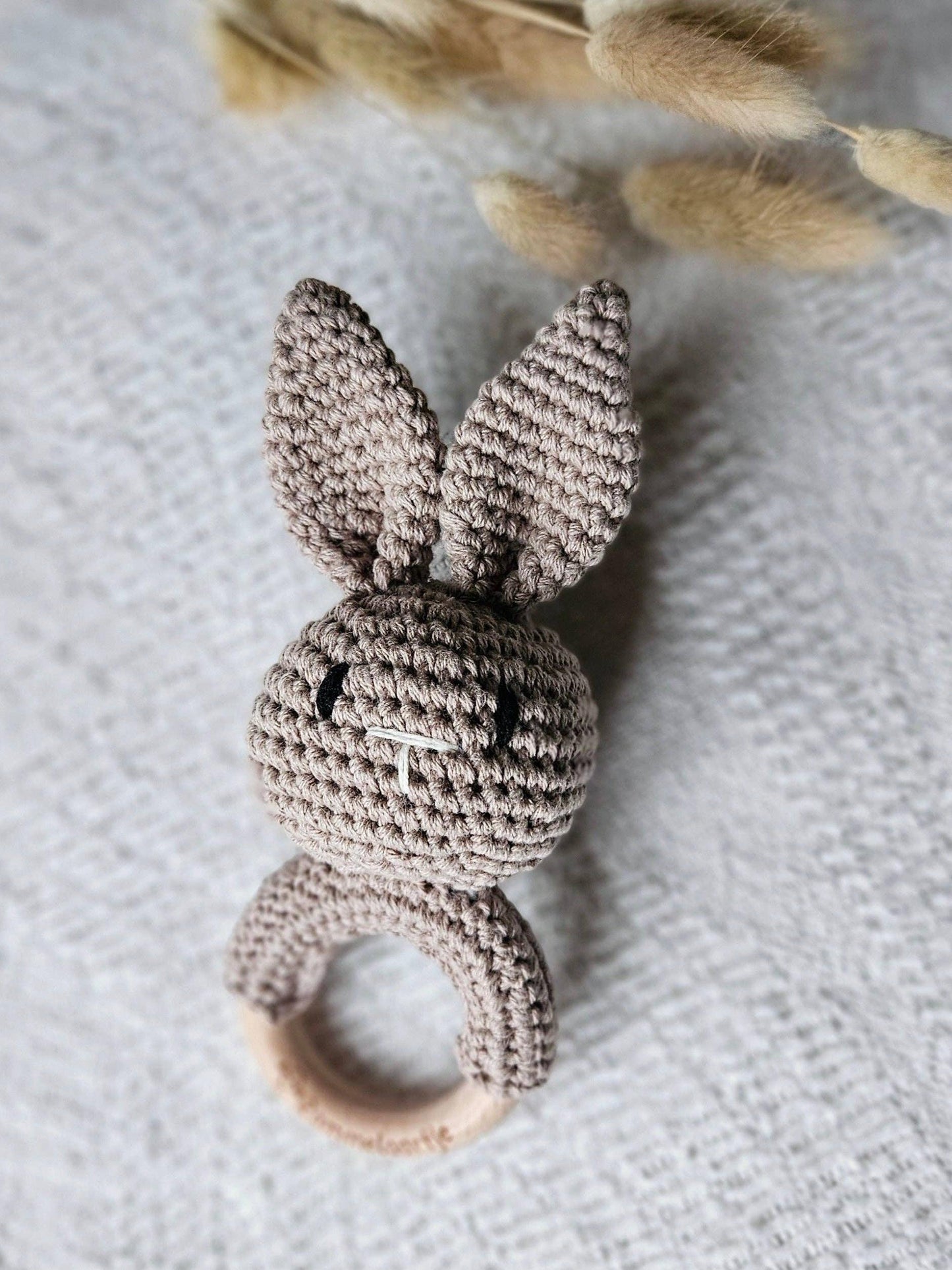 Rattle, Beech Wood Ring with Crocheted Bunny