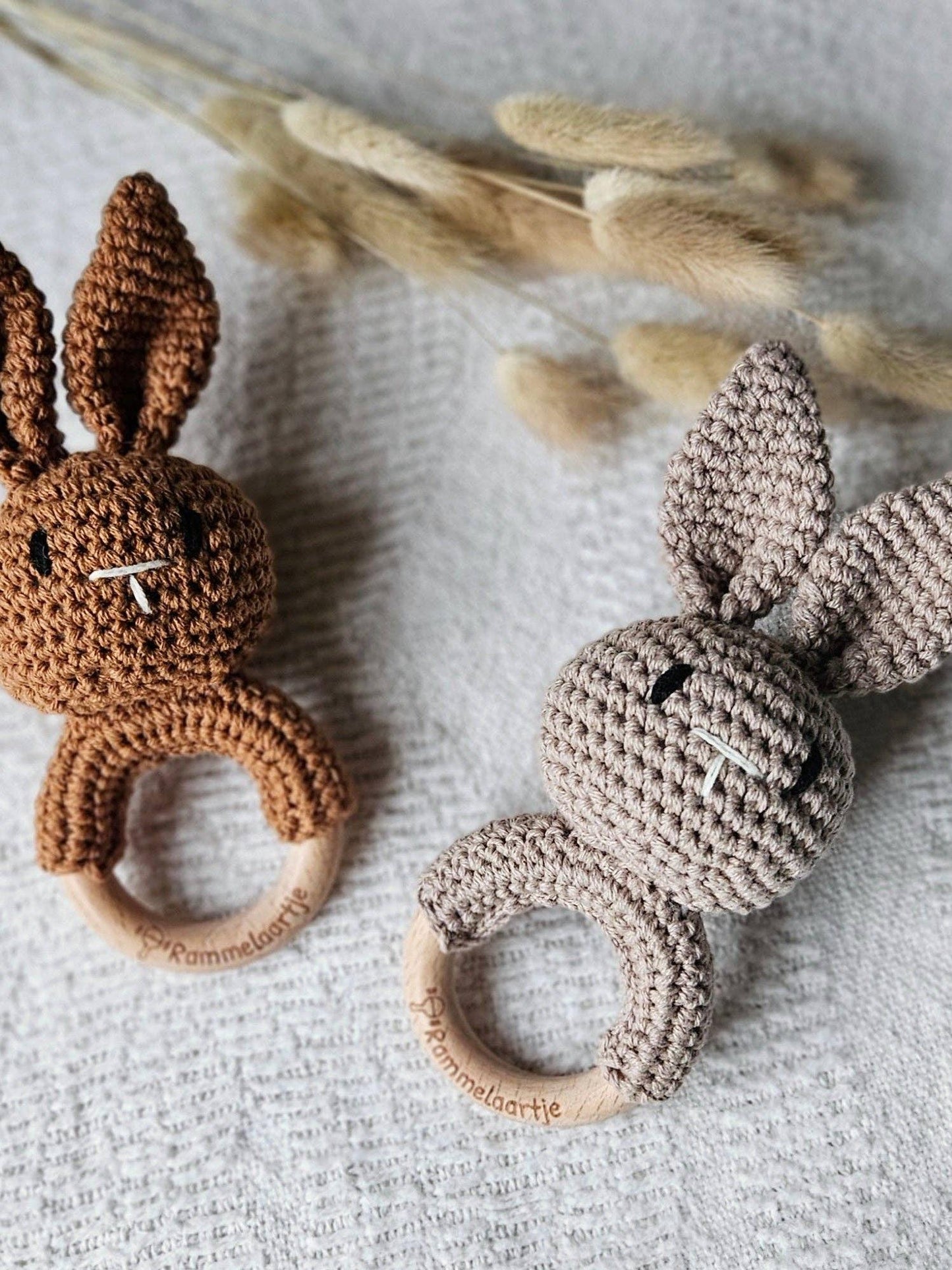 Rattle, Beech Wood Ring with Crocheted Bunny