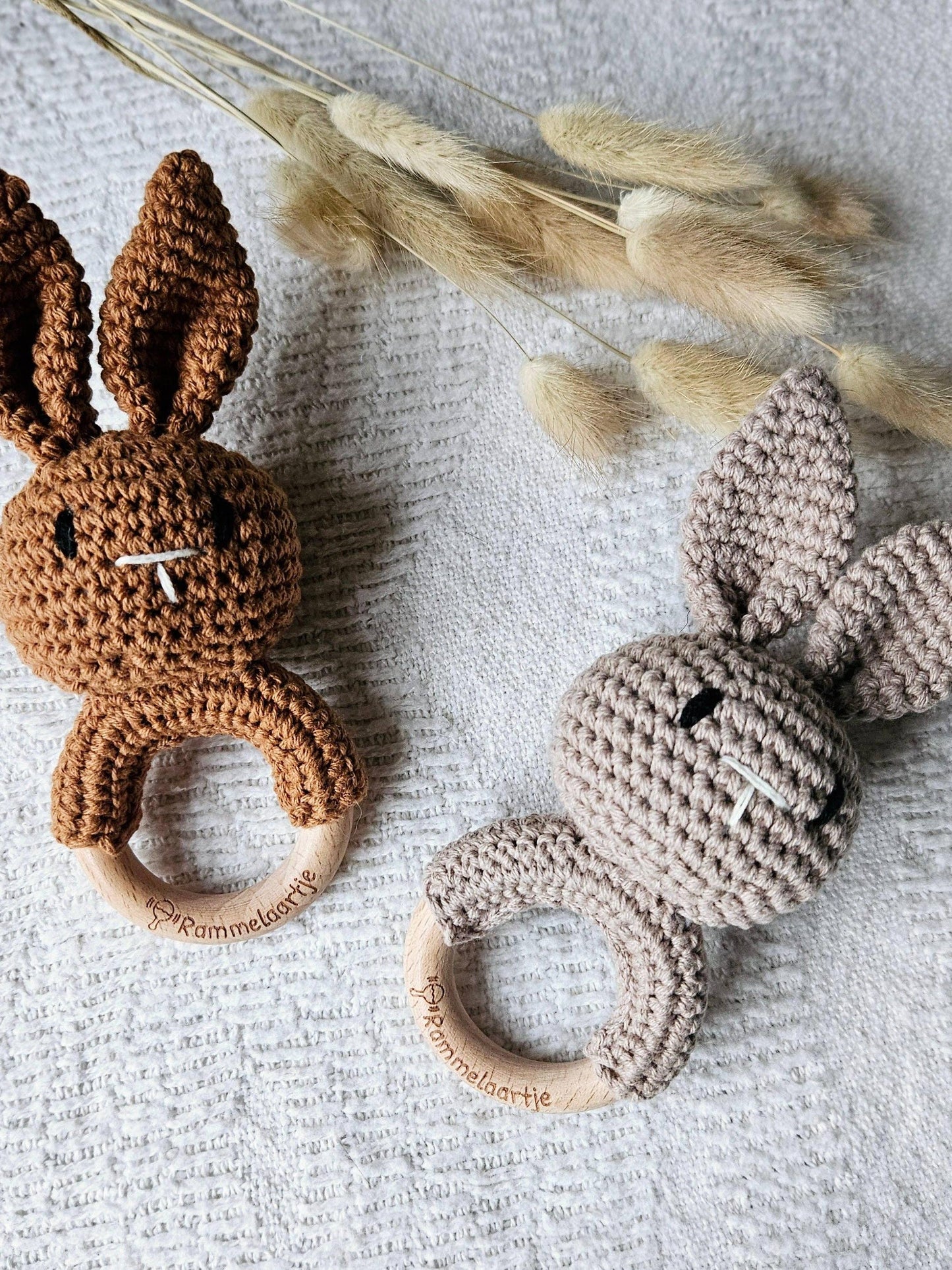 Rattle, Beech Wood Ring with Crocheted Bunny