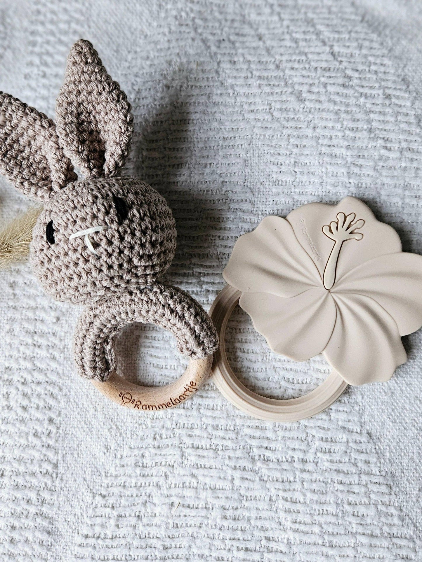 Rattle, Beech Wood Ring with Crocheted Bunny