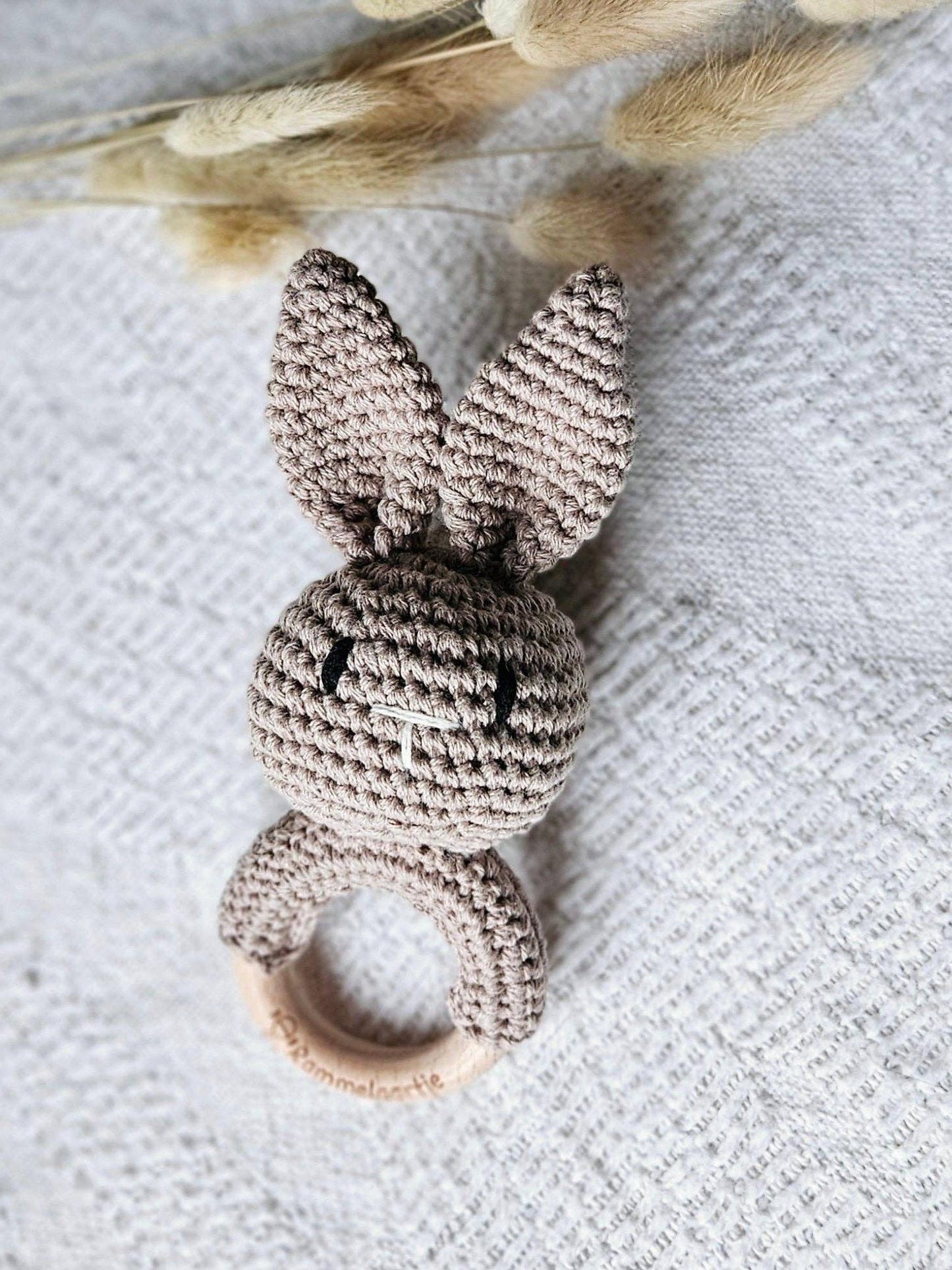 Rattle, Beech Wood Ring with Crocheted Bunny