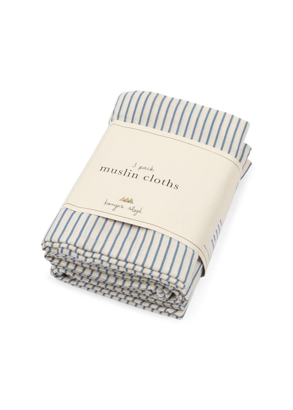 3 Pack Muslin Cloths - Stripe Blue