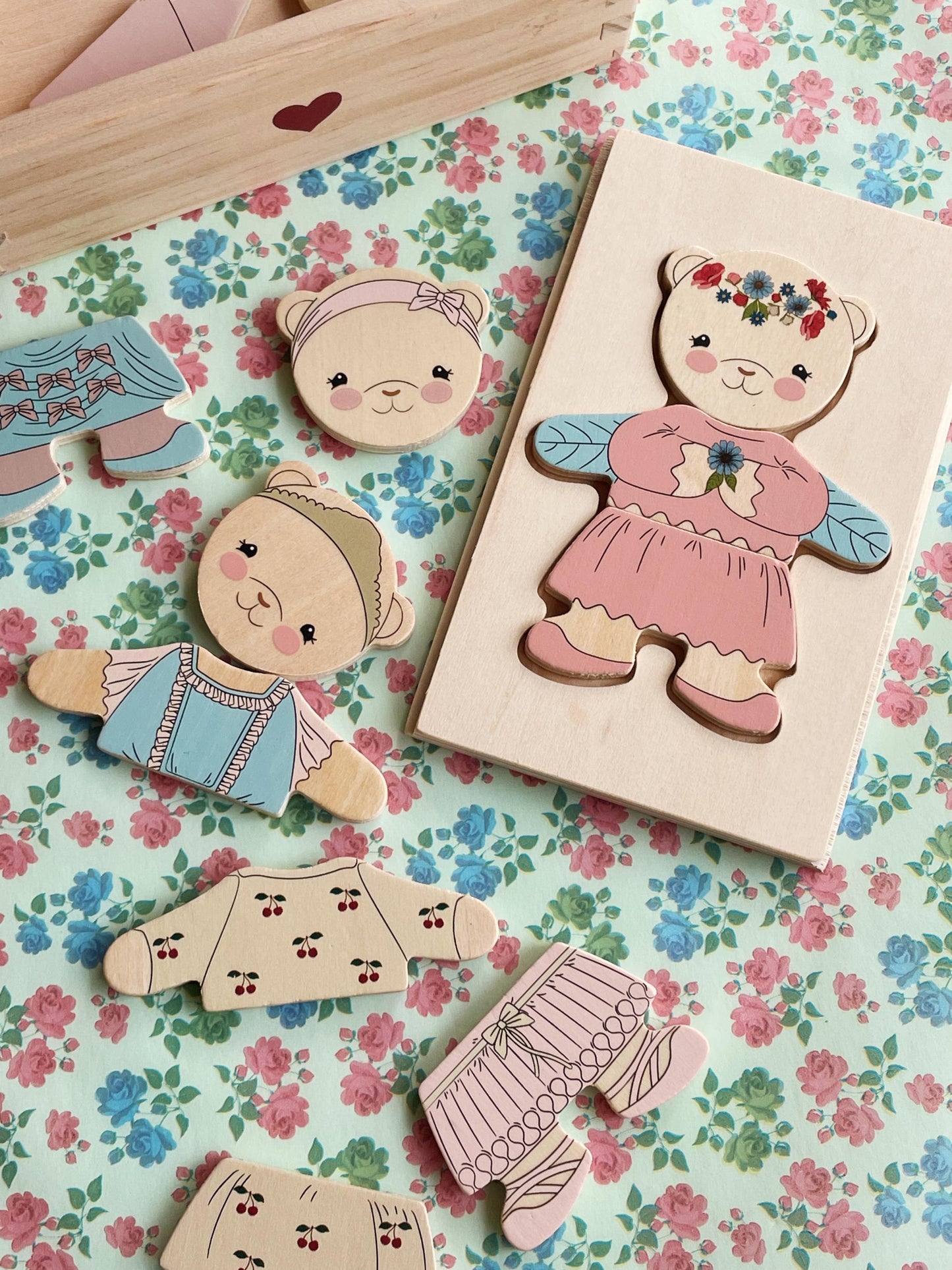 Wooden Teddy dress up Puzzle, Dusty Pink.
