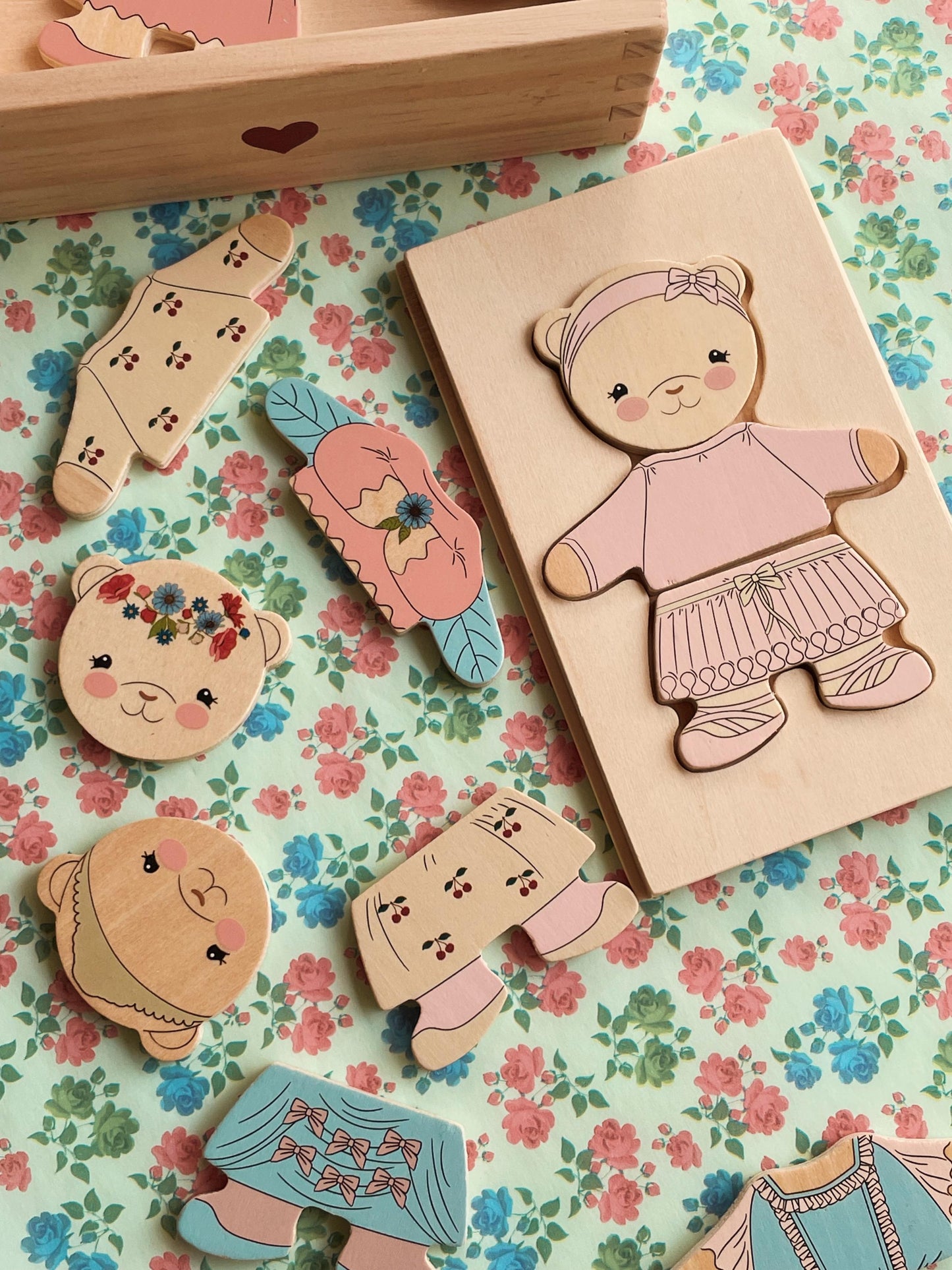 Wooden Teddy dress up Puzzle, Dusty Pink.