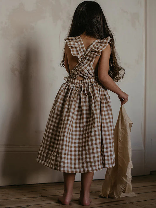 The Simple Folk, The Simple Folk,  The Gingham Pinafore Dress, Bronze Gingham, Organic