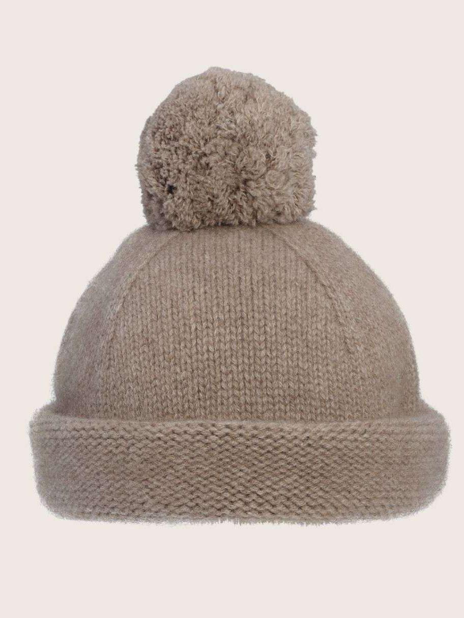 Cashmere Pompom Hat, Sand, Bonet Et Bonet, 100% Cashmere & Organic