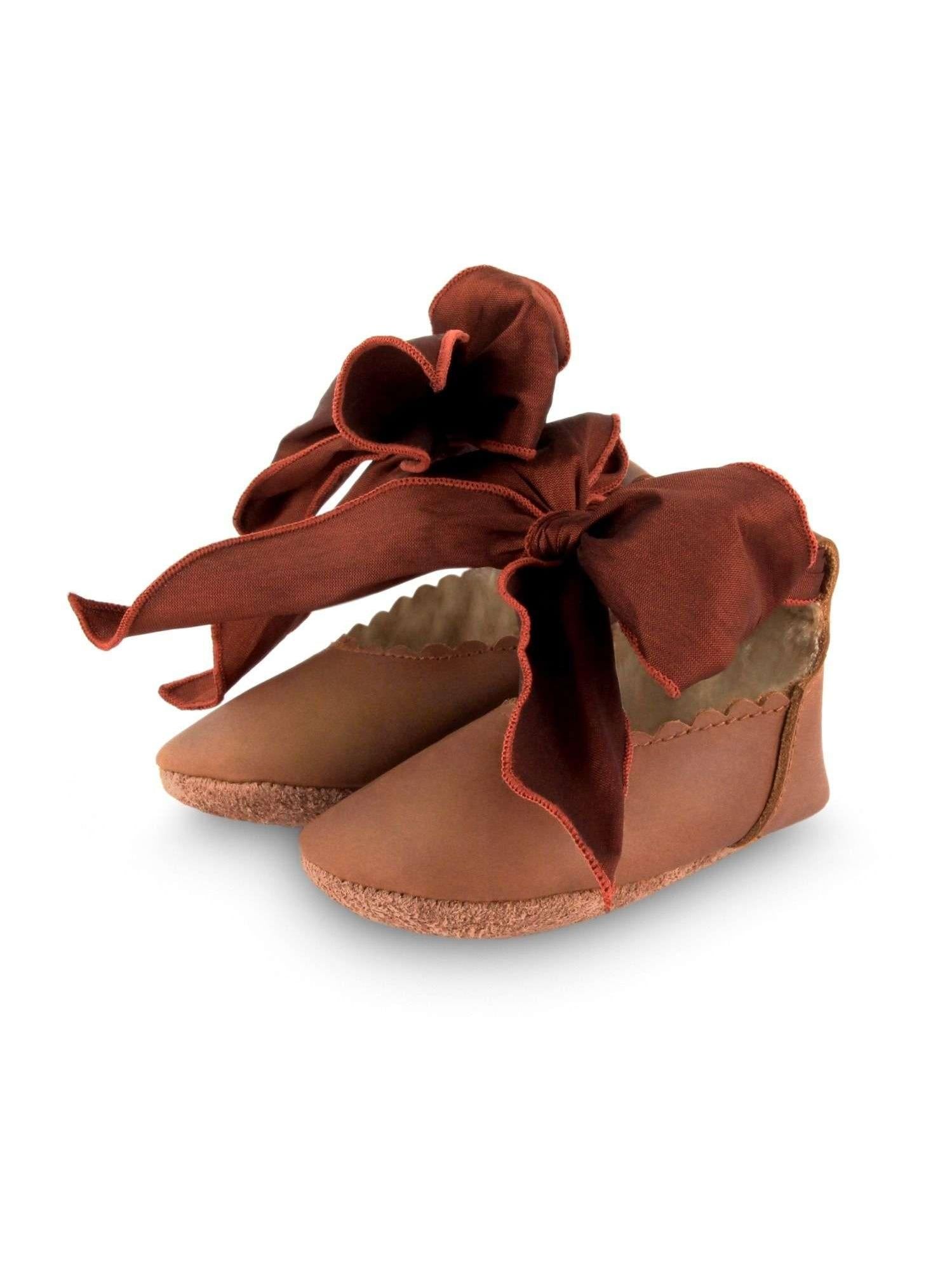 Lieve Baby Shoes,Cognac Leather with Bordeaux Bow