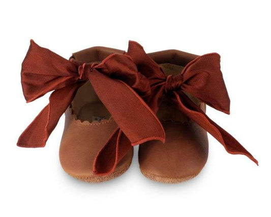 Lieve Baby Shoes,Cognac Leather with Bordeaux Bow