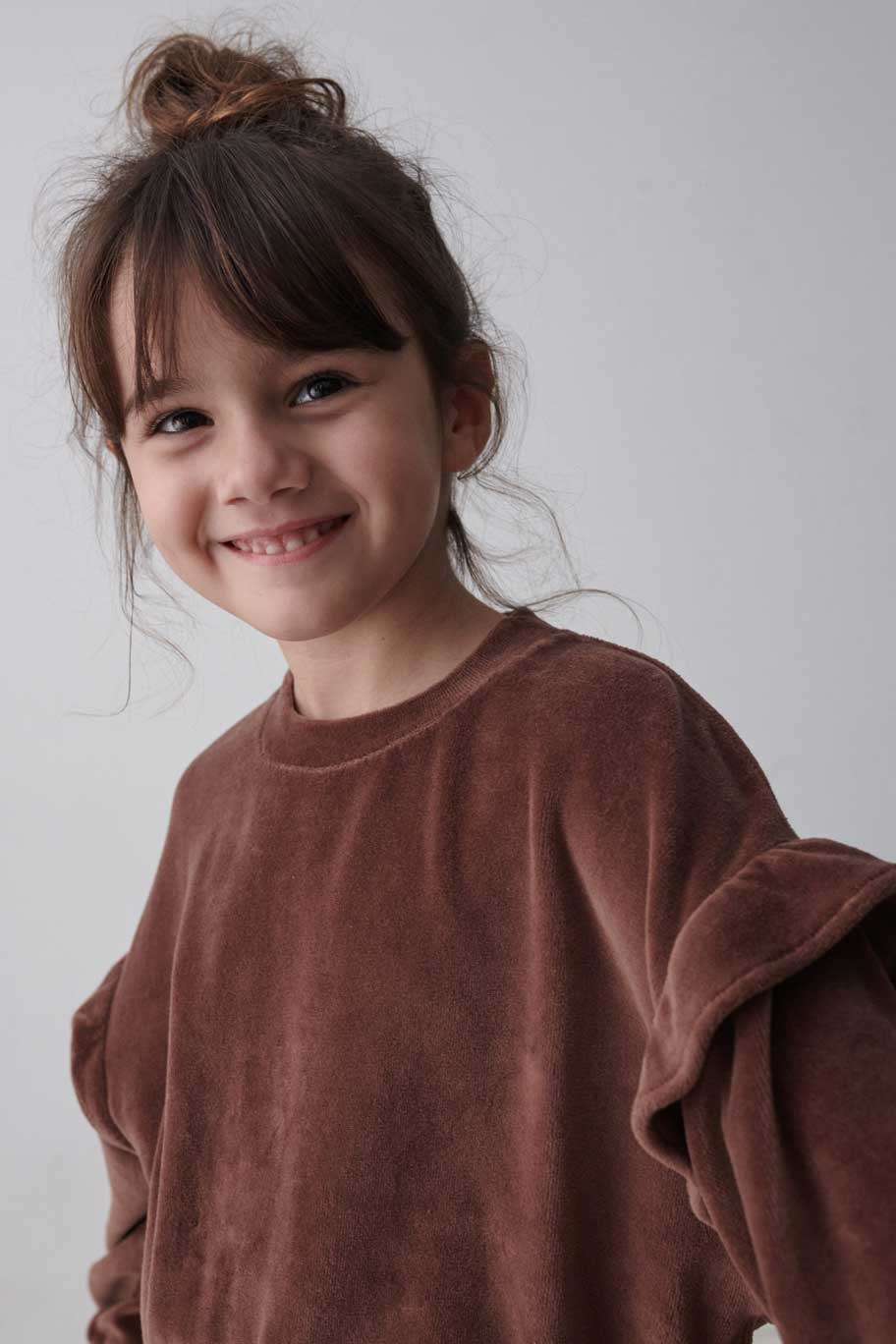 Velour Ruffle Sweatshirt, Nora, Brown, My Little Cozmo, Organic, Recycled & Oekotex