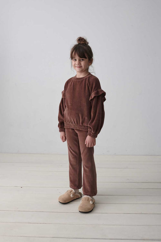 Velour Ruffle Sweatshirt, Nora, Brown, My Little Cozmo, Organic, Recycled & Oekotex