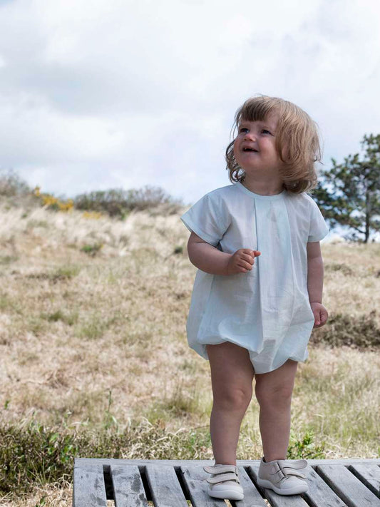 Baby Pleat Suit, Misty Blue Self Stripe Light, Organic & Gots