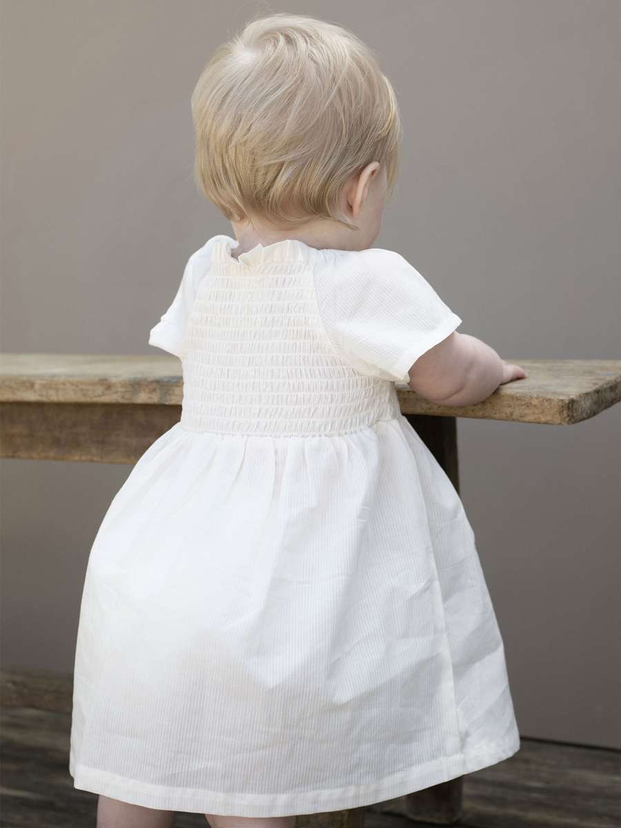 Baby Smock Dress, Offwhite Self Stripe Light, Organic & Gots